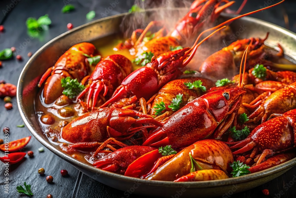 Spicy Crayfish Stir-Fry: Close-Up Cooking Shot - Red Hot Seafood Delight Spicy Crayfish Stir-Fry: Close-Up Cooking Shot - Red Hot Seafood Delight