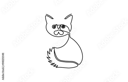 Continuous one single line of cute cat lying on the floor isolated on white background, Sleeping Cat in continuous one line art style. Cat with curled tail.