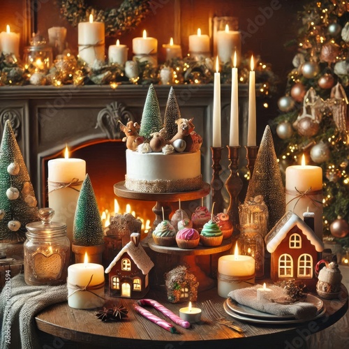 Charming Christmas tabletop display with candles, trees, and festive treats near cozy fireplace
