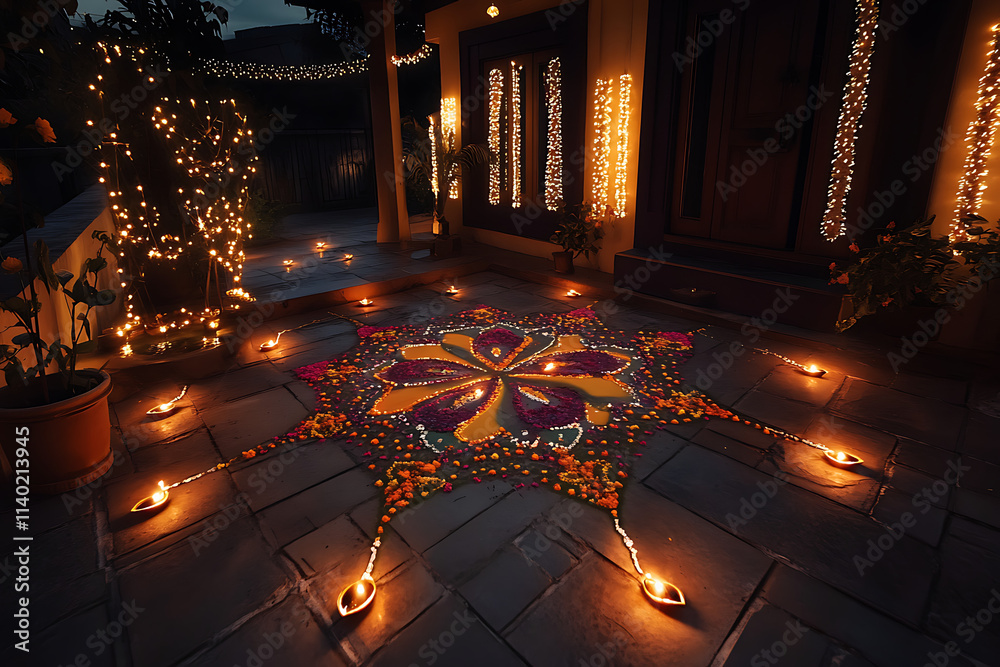 Obraz premium Festive Diwali Night with Rows of Lit Diyas and Lanterns.