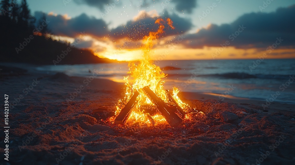 Fototapeta premium Glowing Bonfire on Beach at Sunset with Dancing Flames and Sparks