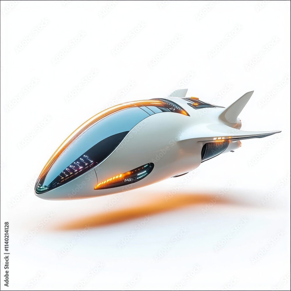 A futuristic airship with a sleek design, glowing accents, and smooth aerodynamic curves on a white background 