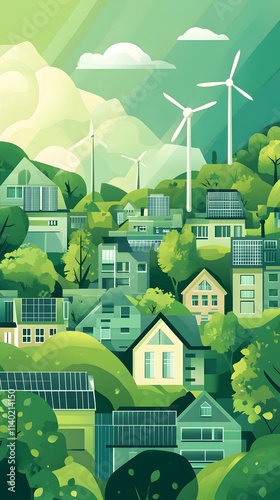 Wallpaper Mural Green city with sustainable energy, a flat vector illustration on a green background. Torontodigital.ca