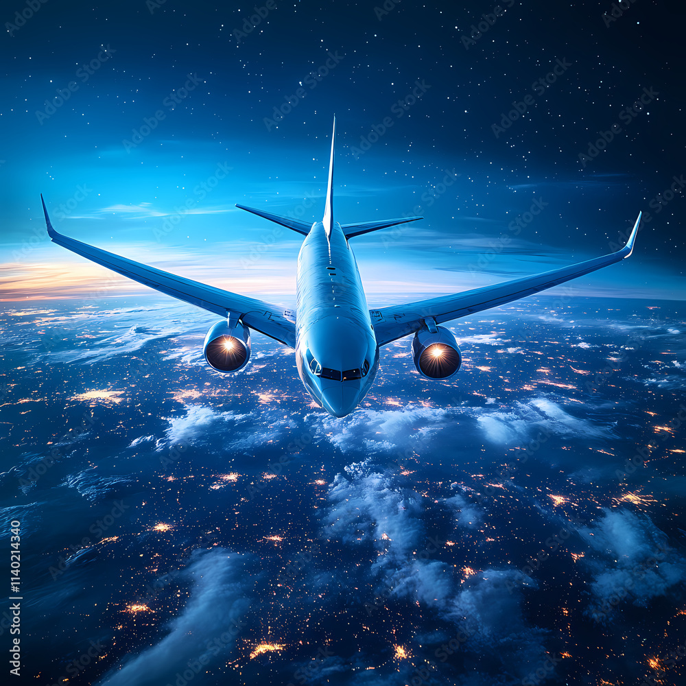 Fototapeta premium In the sky, an airplane is flying over the earth.