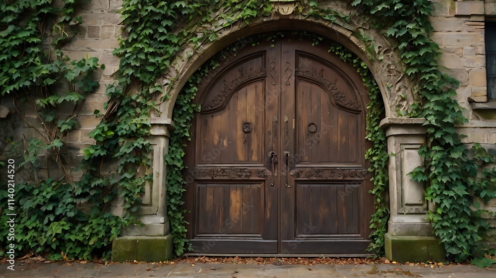 Rustic Wooden Door with Ornate Carvings and Ivy
Rustic Wooden Door with Ornate Carvings and Ivy