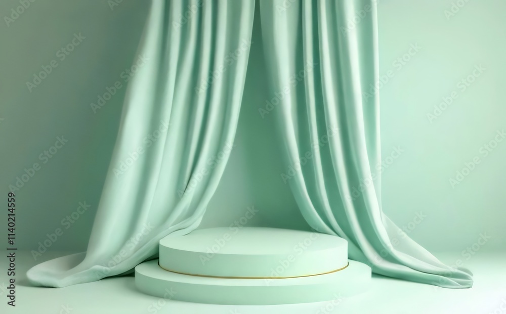 Pastel green podium with draped curtains. Pastel green podium with draped curtains.