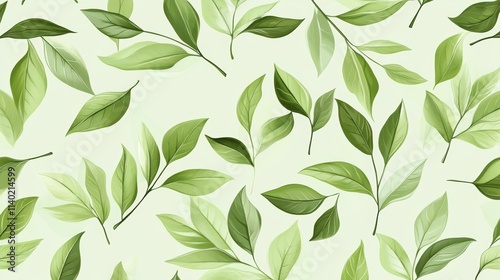 Wallpaper Mural 73.Intricate vector pattern of green tea leaves arranged in a seamless flow; leaves vary in size and orientation with soft gradients and fine vein details, set against a subtle, light green Torontodigital.ca