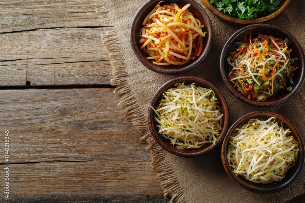 Kongnamul Muchim salad on wooden surface Korean side dish top view