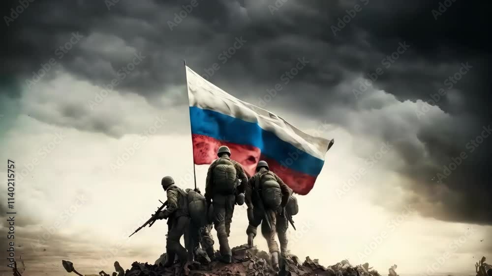 Russian soldiers at the top of a hill during war holding their flag