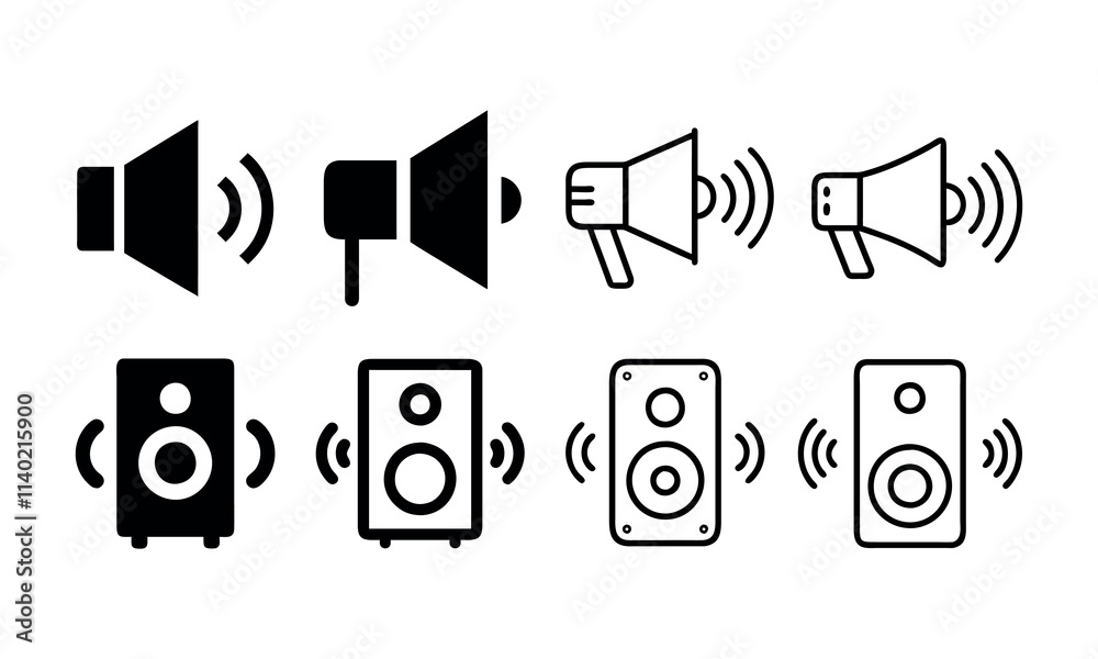 Collection of Audio and Sound Icons, Speaker icon set. Sound icon, Megaphone, speaker box, logo, silhouette, vector illustration. Collection of Audio and Sound Icons, Speaker icon set. Sound icon, Megaphone, speaker box, logo, silhouette, vector illustration.