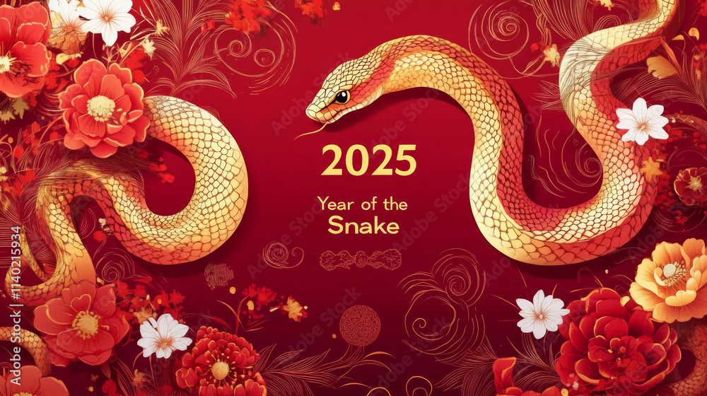 Obraz premium vibrant celebration of Year of Snake featuring sleek golden snake coiling gracefully among red and gold floral patterns, with 2025 and Year of Snake in elegant typography