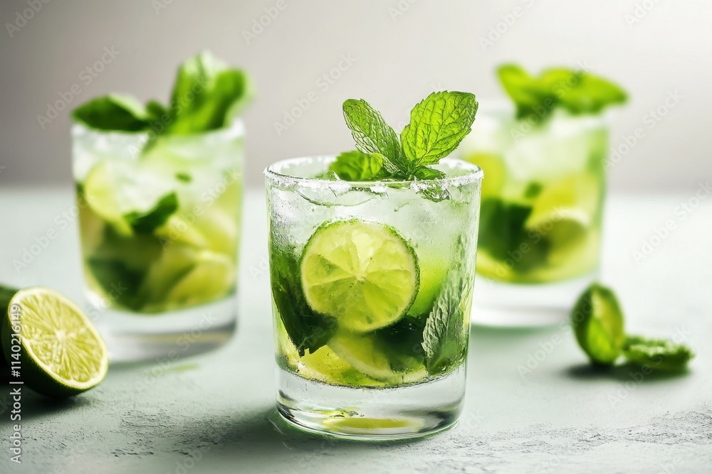 Refreshing mojitos with fresh lime and mint served on a light surface Refreshing mojitos with fresh lime and mint served on a light surface