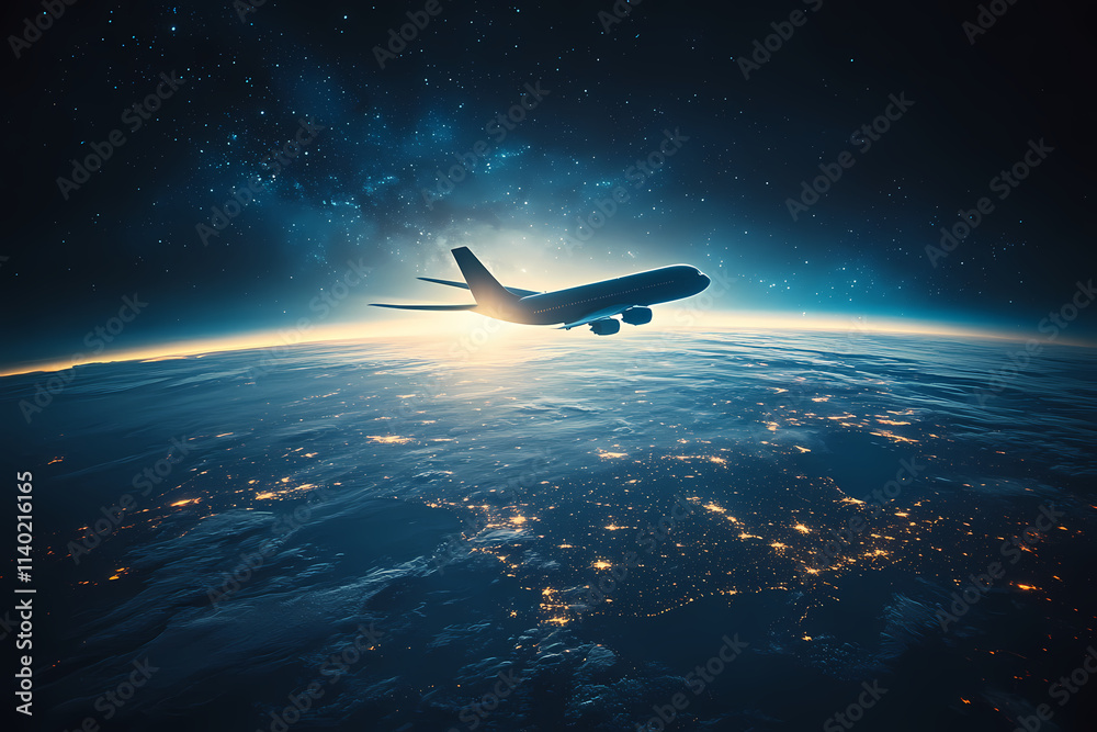 Fototapeta premium In the sky, an airplane is flying over the earth.