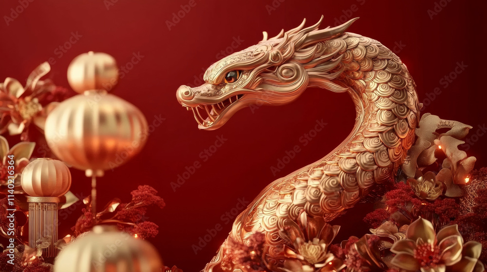Obraz premium majestic golden dragon sculpture surrounded by festive decorations, symbolizing prosperity and good fortune during Chinese New Year celebrations