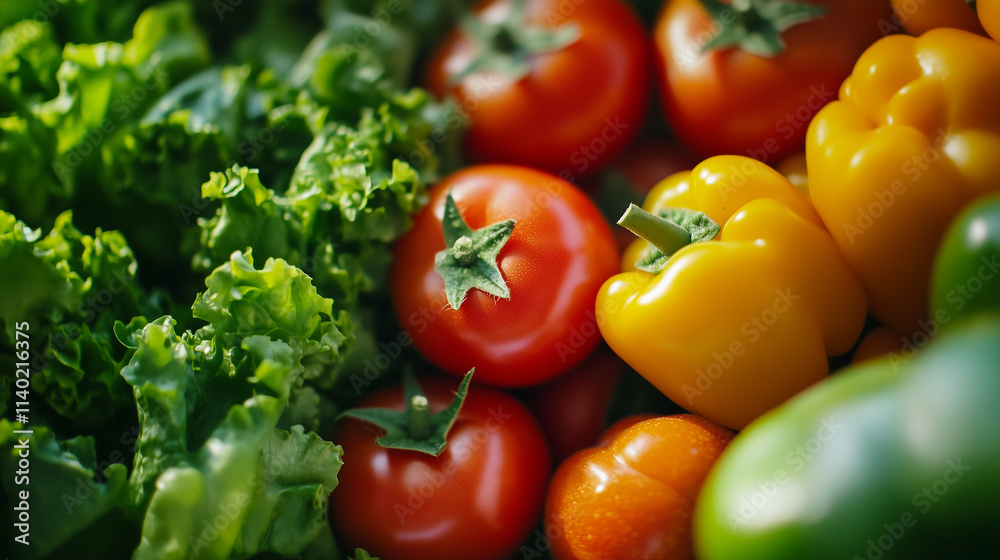 Fresh tomatoes, crisp green lettuce, and vibrant yellow and green bell peppers, showcasing colorful, organic produce for healthy eating and farm-to-table freshness Fresh tomatoes, crisp green lettuce, and vibrant yellow and green bell peppers, showcasing colorful, organic produce for healthy eating and farm-to-table freshness