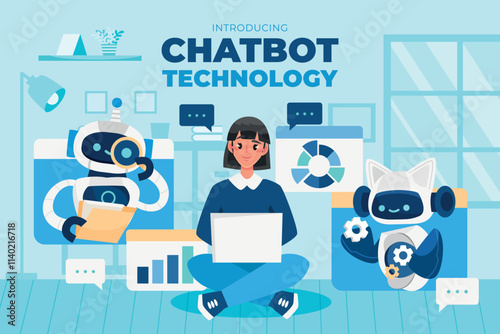 Hand drawn flat conversational ai chatbot composition with text