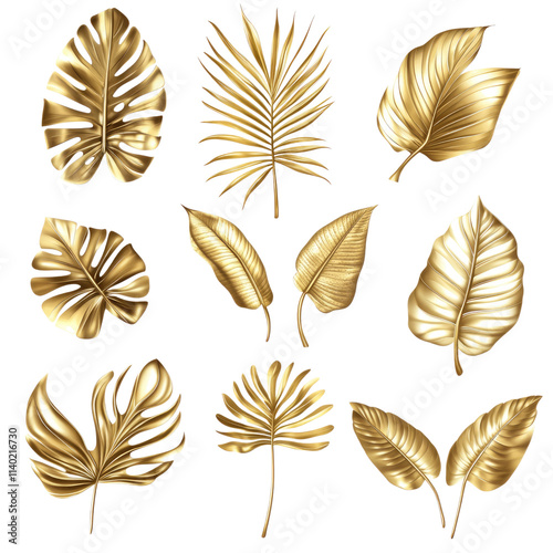 Gold tropical leaves and palm tree branches set isolated on a white background, with a golden metallic texture of monstera leaves