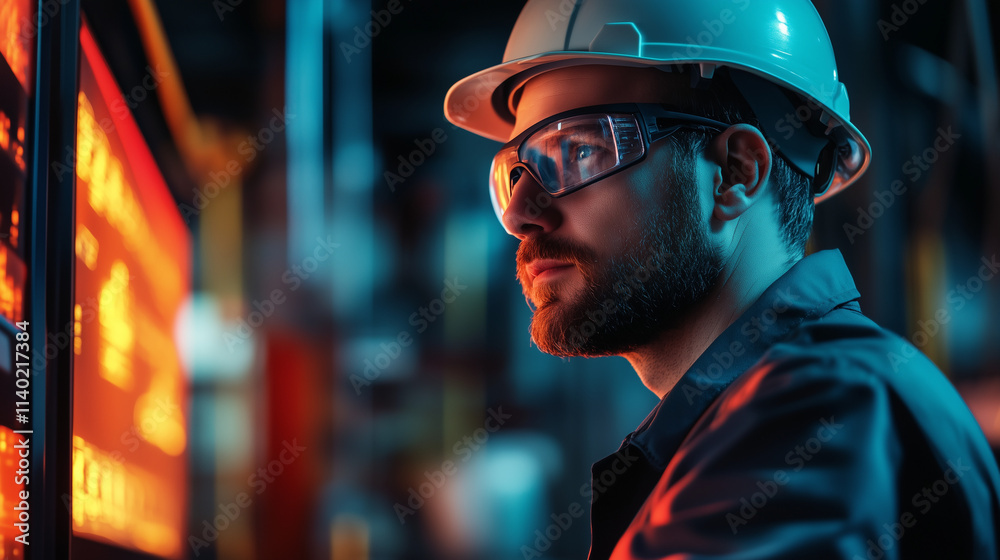Focused engineer in a hard hat and protective glasses analyzing data on a glowing industrial screen, symbolizing technology, precision, and innovation in a modern workplace Focused engineer in a hard hat and protective glasses analyzing data on a glowing industrial screen, symbolizing technology, precision, and innovation in a modern workplace
