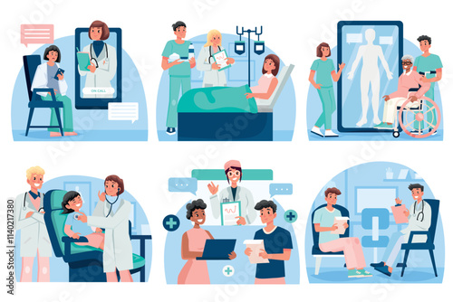 Hand drawn flat health services composition set