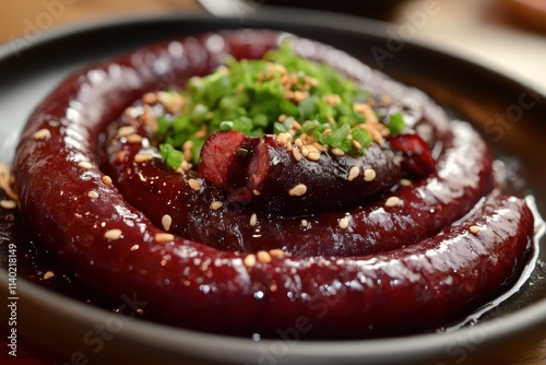 Korean blood sausage known as makchang sundae made from pork intestines is a traditional dish popular in Jeju photo