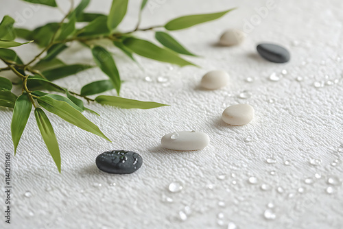 Green Bamboo Plant and Small Stones Arranged on a Zen Garden. photo