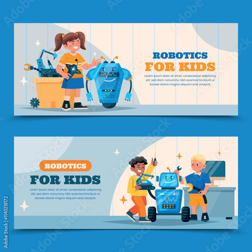 Hand drawn flat robotics for kids horizontal banner template collection