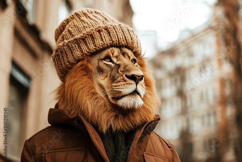 A lion in a hat and jacket in the middle of the city.