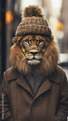 An adult male lion in a knitted hat and coat in a megalopolis, vertical format.