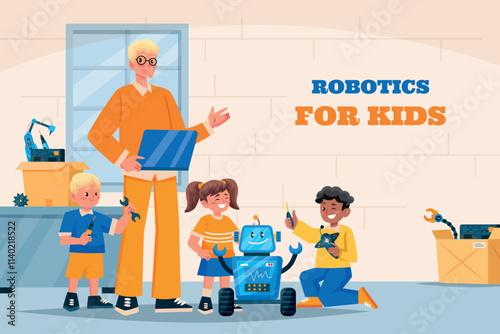 Hand drawn flat robotics for kids composition