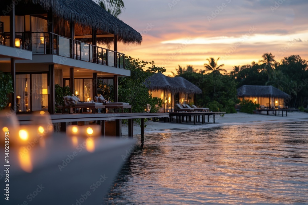 Obraz premium A stunning tropical resort at sunset, featuring beautiful overwater villas and breathtaking views, perfect for relaxation and escapism in a serene environment.