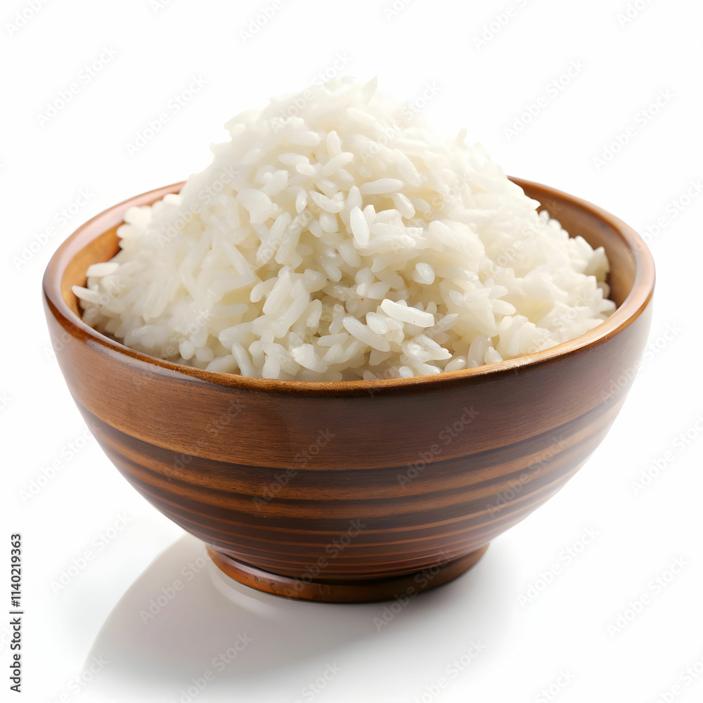 A simple rice bowl filled with steaming white rice, placed A simple rice bowl filled with steaming white rice, placed