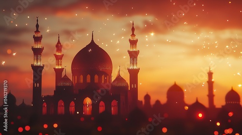 Eid Mubarak Greeting Card with Calligraphy and Mosque Vector

 photo