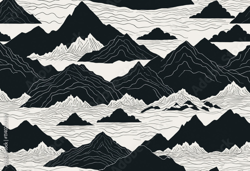 Black and white mountain landscape illustration with abstract design elements photo