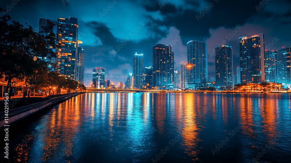 Fototapeta premium stunning city skyline with illuminated skyscrapers reflecting on calm water under dramatic night sky