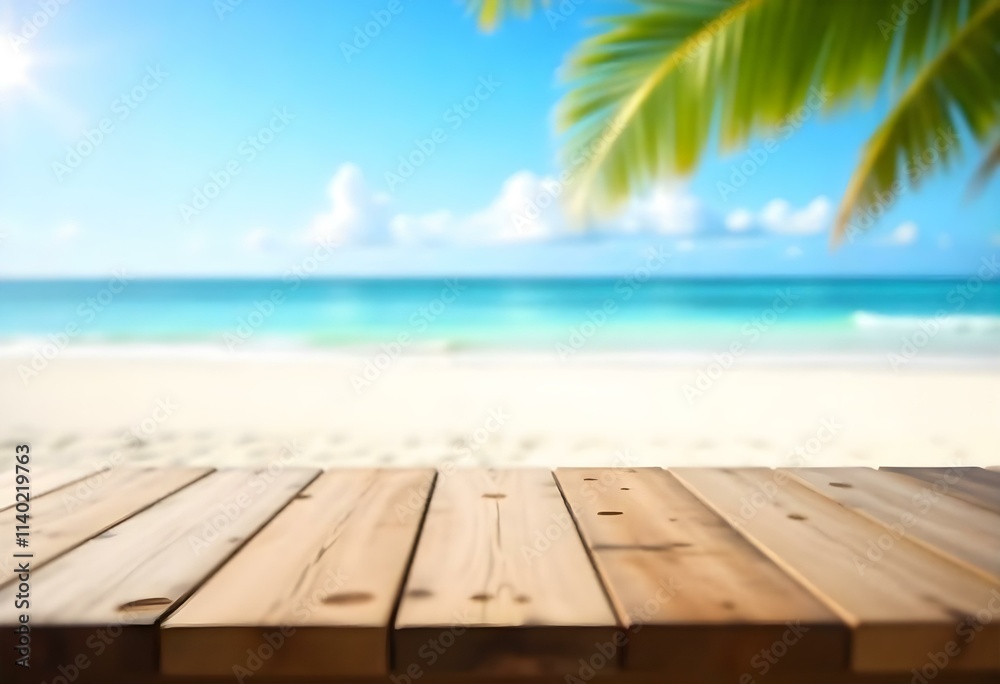 Wooden table overlooking a tropical beach with palm trees and a clear blue sky Wooden table overlooking a tropical beach with palm trees and a clear blue sky