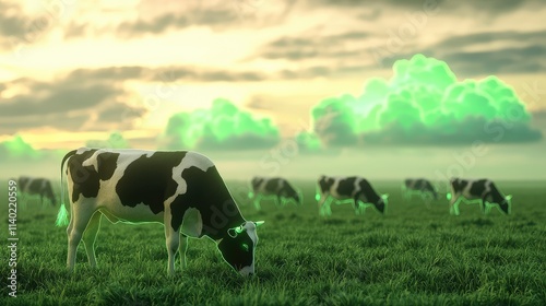 greenhouse gas emissions methane climate change Cows grazing in a surreal landscape with green clouds overhead.