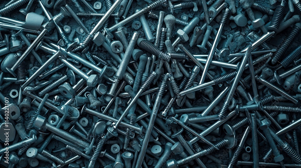Visually appealing arrangement of stainless steel nails screws and wall plugs spread evenly on a surface creating a geometric minimalist and industrial inspired composition Visually appealing arrangement of stainless steel nails screws and wall plugs spread evenly on a surface creating a geometric minimalist and industrial inspired composition
