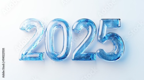 Glossy Ice Number '2025' 3D Rendering on White Background, Minimalist Art with Studio Lighting, High-Resolution Digital Design