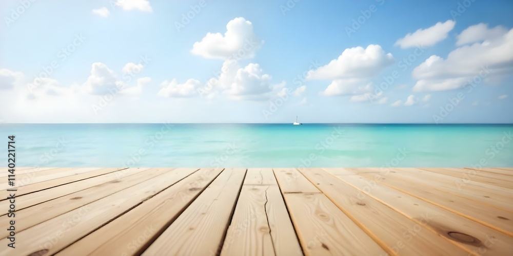 Fototapeta premium A wooden dock overlooking a calm turquoise ocean with a blue sky and fluffy white clouds
