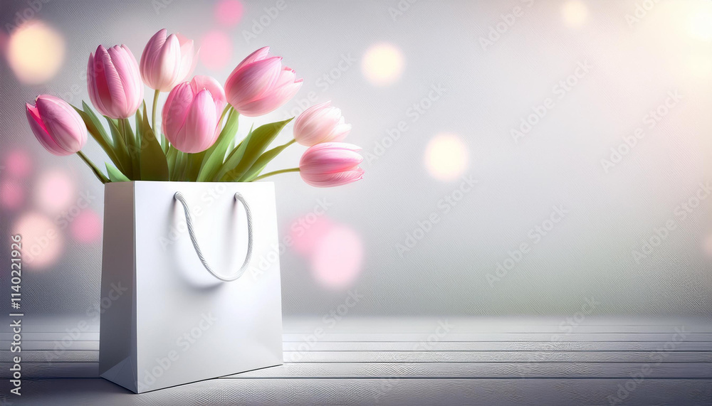 A white paper bag template. Pink roses in the bag, plain grey background, bokeh. Mockup for florist business, postcard, giftcard, sale.