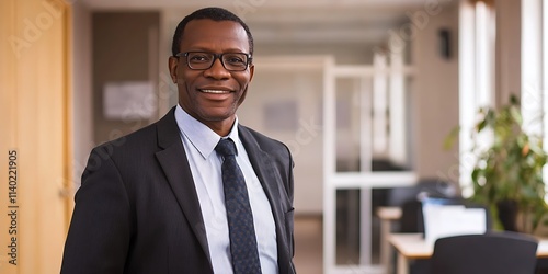 Portrait of a statistician standing proudly in a research office