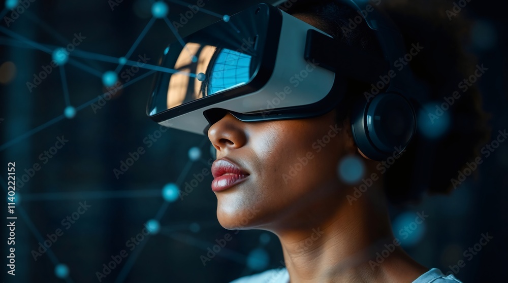 Immersed in the Digital Realm: A woman wearing a VR headset gazes intently into the virtual world, her face illuminated by the blue glow of the digital landscape. Immersed in the Digital Realm: A woman wearing a VR headset gazes intently into the virtual world, her face illuminated by the blue glow of the digital landscape.