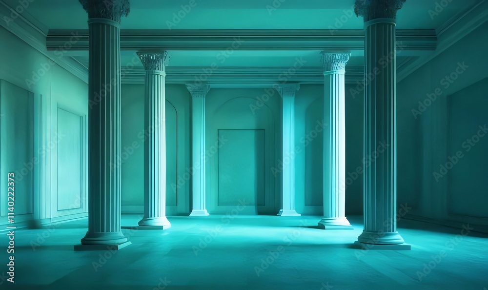 Teal-lit classical hall with columns and smooth floor. Teal-lit classical hall with columns and smooth floor.