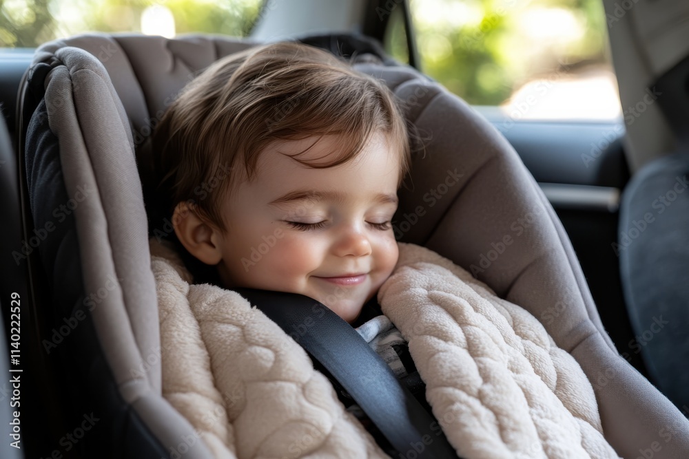 A young boy smiles contentedly in his car seat, wearing a cozy jacket that emphasizes comfort, warmth, and the joy of travel, representing childhood happiness and innocence. A young boy smiles contentedly in his car seat, wearing a cozy jacket that emphasizes comfort, warmth, and the joy of travel, representing childhood happiness and innocence.