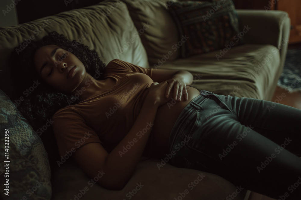 black woman clutching bloated belly in pain from period cramps or endometriosis, slumped on lounge in darkness black woman clutching bloated belly in pain from period cramps or endometriosis, slumped on lounge in darkness