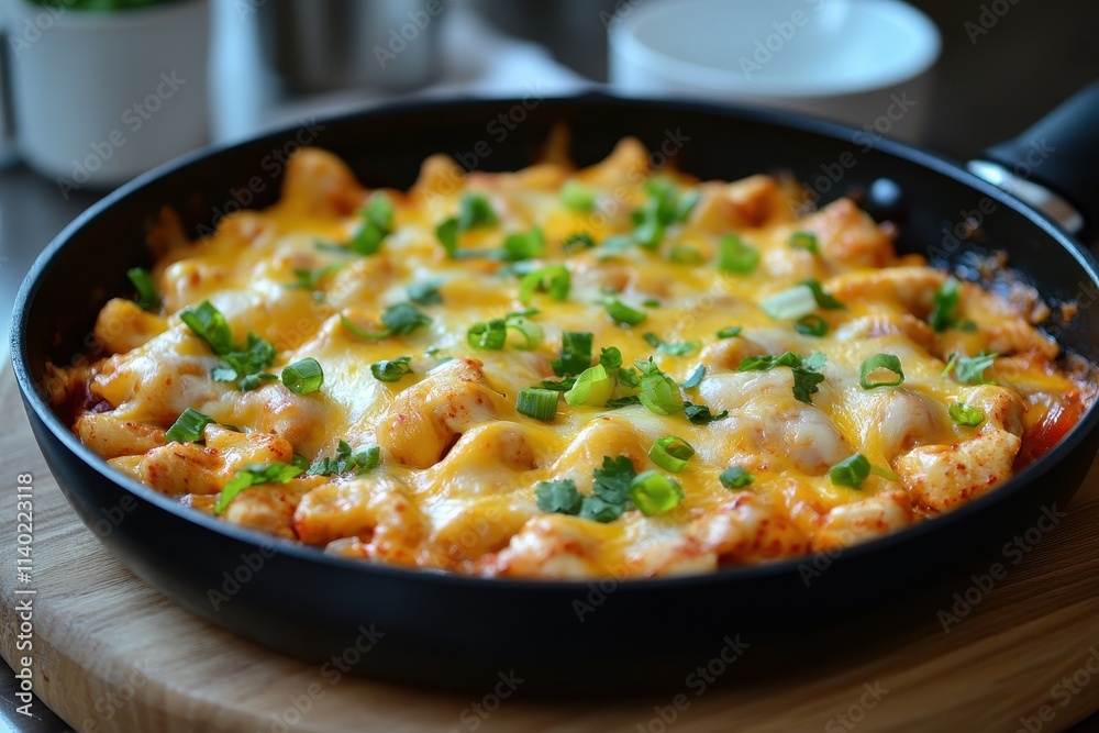 Korean dish with chicken and cheese in a sizzling pan Korean dish with chicken and cheese in a sizzling pan