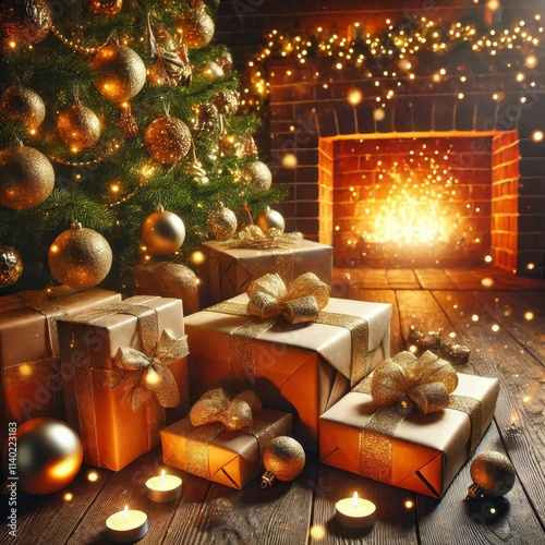 Xmas background mockup with copyspace. Boxes of gifs under cristmas fir tree on wooden floor near fireplace. Ornaments, garland and golden ball with beautiful orange backlight