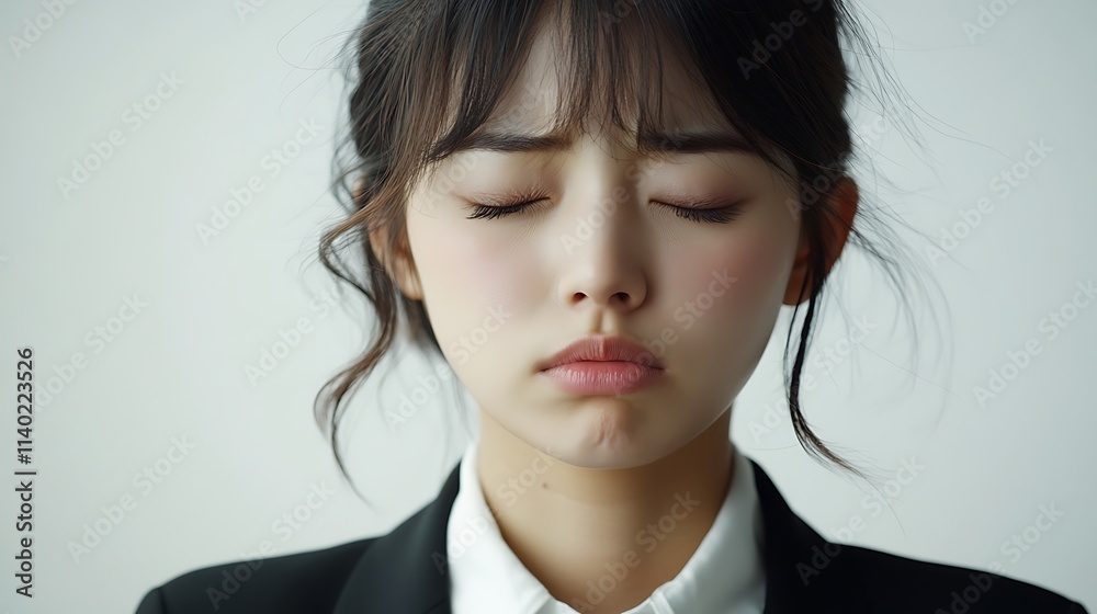 Portrait of an upset and disappointed asian japanese office girl in professional attire Portrait of an upset and disappointed asian japanese office girl in professional attire