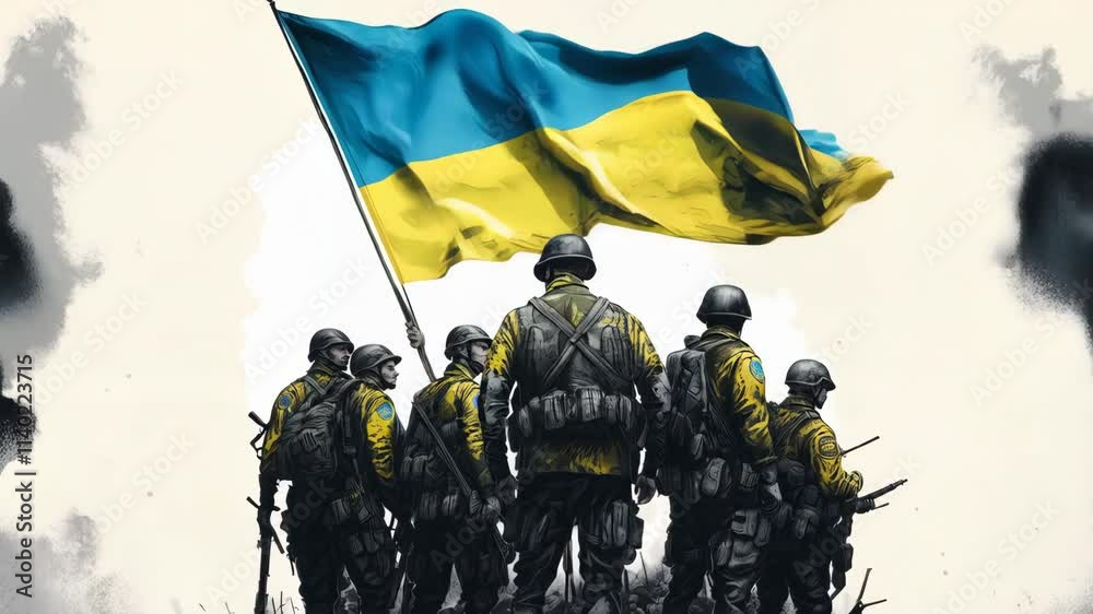 Ukraine soldiers standing with Ukraine flag. Cartoon animation