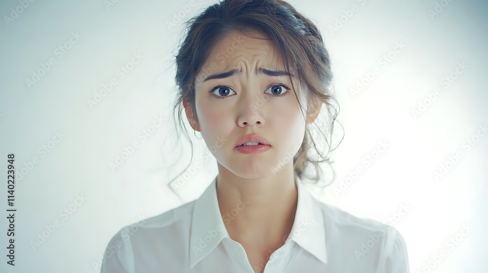 Portrait of an upset and disappointed asian japanese office girl in professional attire Portrait of an upset and disappointed asian japanese office girl in professional attire